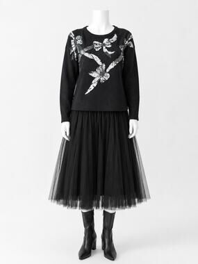 Womens Vintage 80s Sweater Sequin Bow Details Black Silver Size large Party